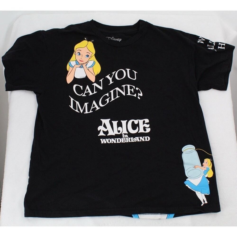 Disney Shirt Medium Alice in Wonderland Black All Over Print Short Sleeve